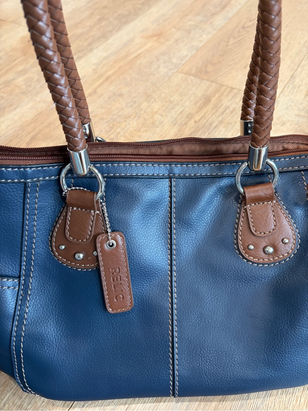Relic by Fossil Blue Faux Leather Tote Shoulder Bag Braided Handles - Picture 5 of 12